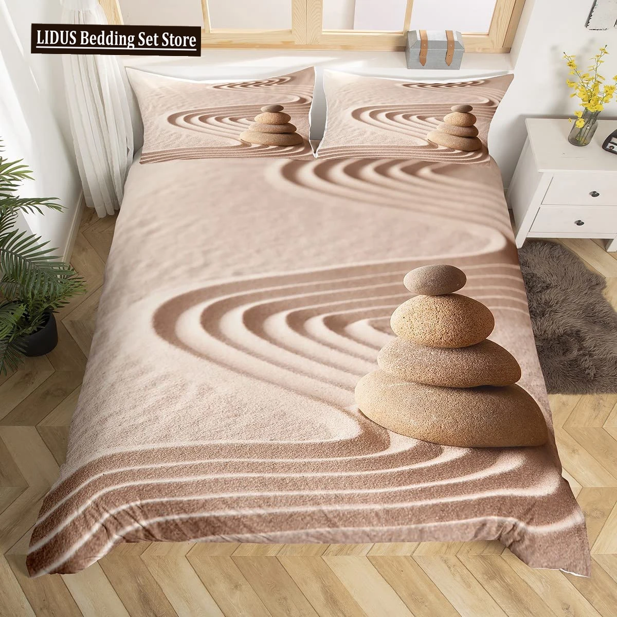 Zen Duvet Cover Set Sandy Beach Meditation Bedding Set Zen Stones Comforter Cover Tranquil Nature Artwork Quilt Cover Full Size
