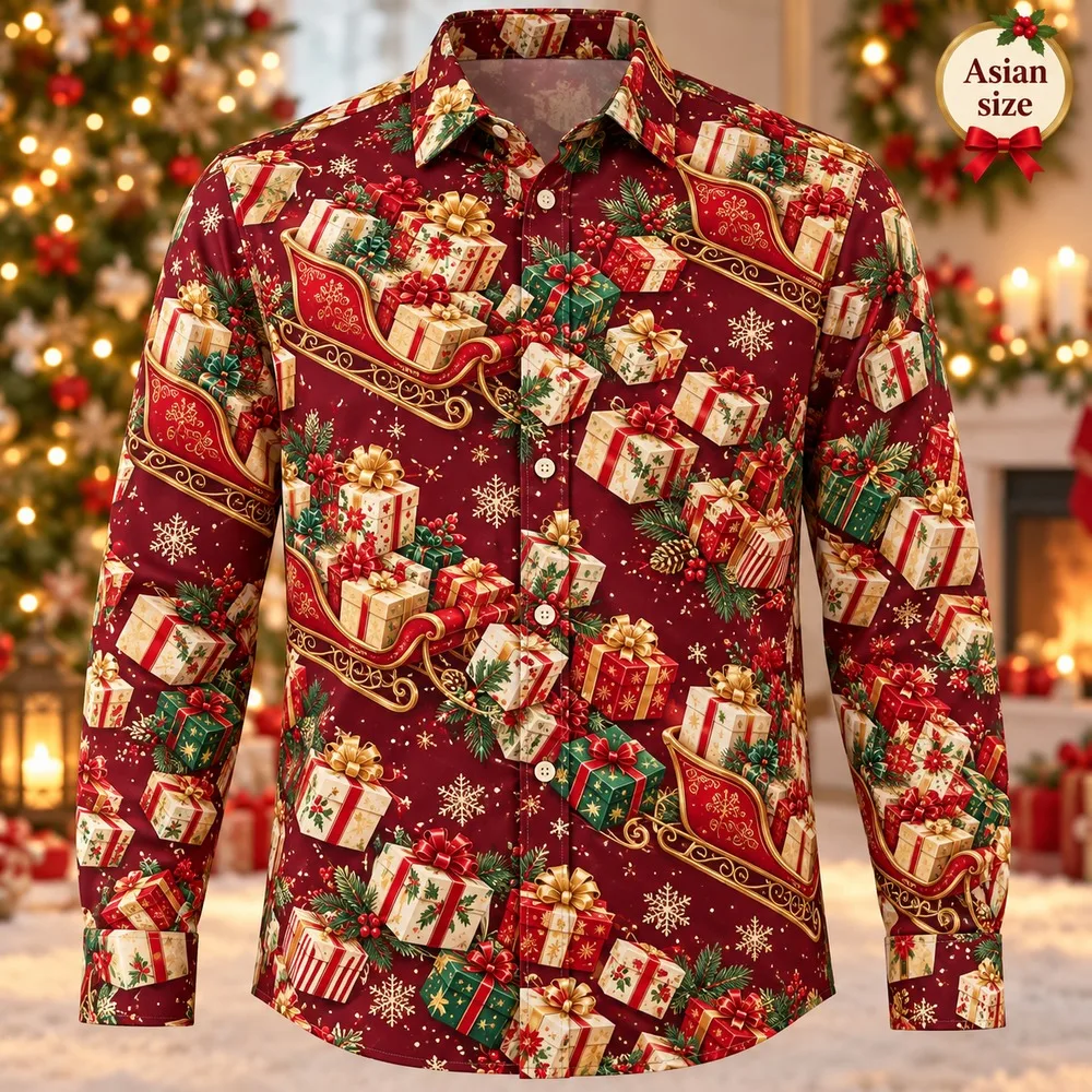 Wrapped Christmas Gifts Long Sleeve Button Down Shirt for Men 3D Print Polyester Holiday Party Festive Winter Top Shirts