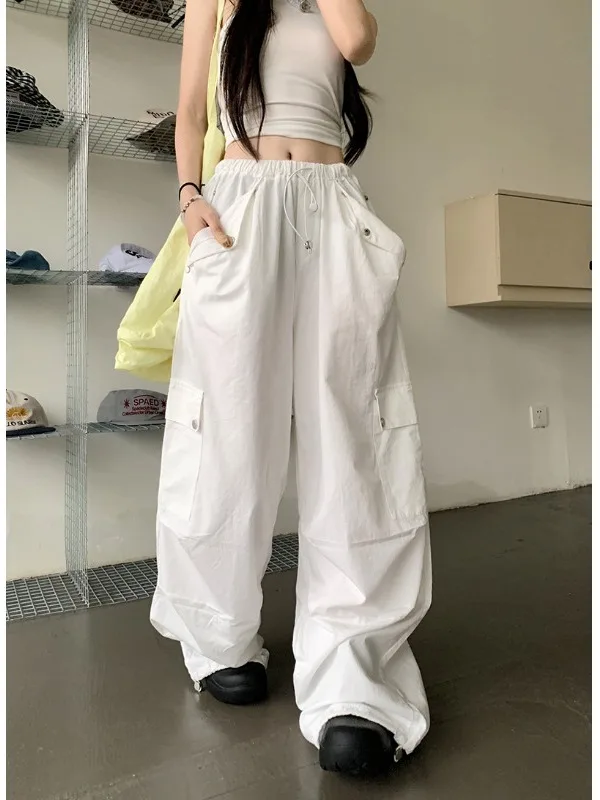 

plus Size Women's Summer New American Style White Work Pants High Waist Wide Leg Drawstring Floor-Length Pants Casual Pure Color