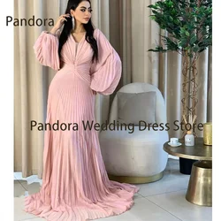 Pandora V-neck floor-length formal evening dress with full sleeve pleated ball gown, Arab Lady birthday wedding party dress