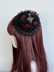 Original Lolita Black Mini Top Hat Clip Gothic Red Candle Cross Lace Headwear