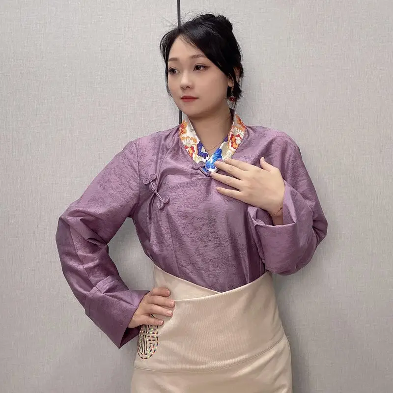 チベットの高級Vネックシャツ夏涼しいチベットトップ