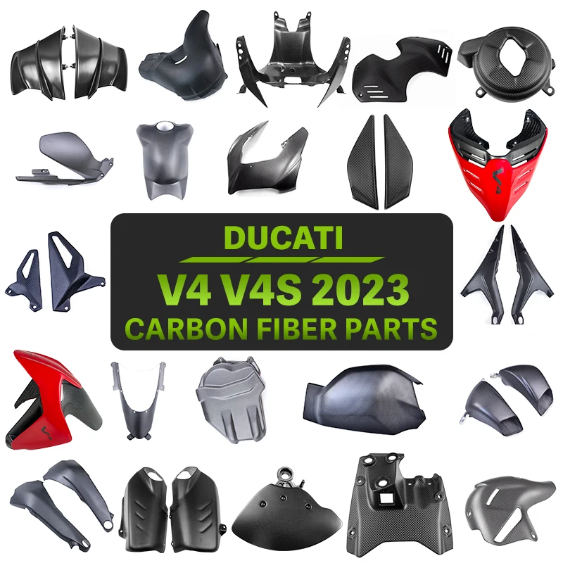 ل Ducati V4 V4S 2023 ملحقات ألياف الكربون غطاء عادم مغناطيسي أمامي تحت المبرد طقم غطاء خزان الوقود