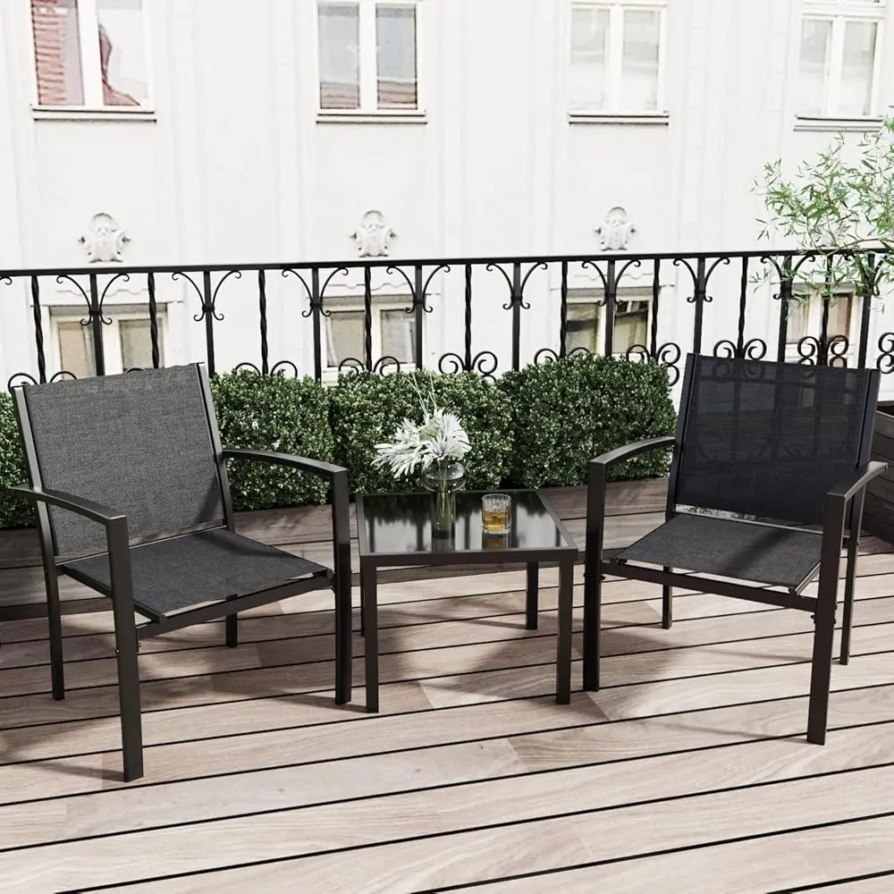 

3 Pieces Patio Furniture Set Outdoor Conversation Textilene Fabric Chairs For Lawn, Garden, Balcony, Poolside With A Glass