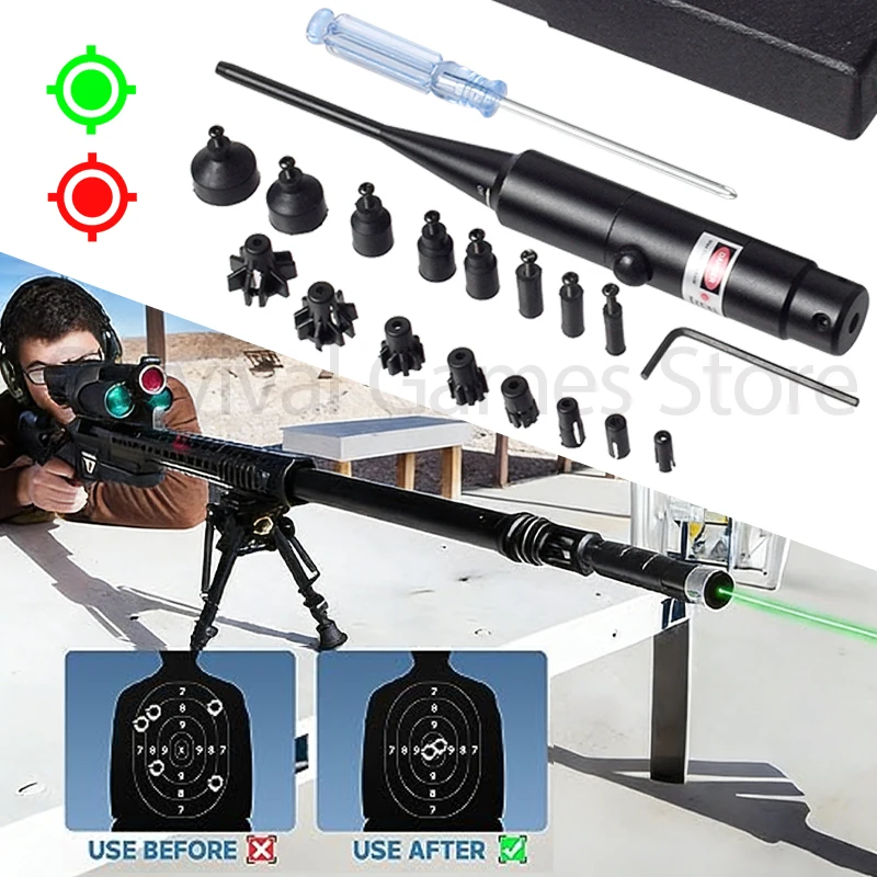 

Набор для лазерной центровки ствола калибров .177-.50 (зеленый/красный лазер) с 16 адаптерами для ружей и пистолетов калибров 17, 12GA, 20GA, кнопочный переключатель, регулировочные штифты