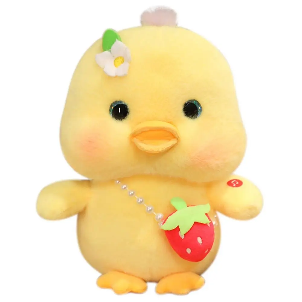 Ojos 3d presionando música pato de peluche de juguete fresa bolsa colgante pato peludo juguete de peluche suave lindo pato amarillo muñeco de peluche niños