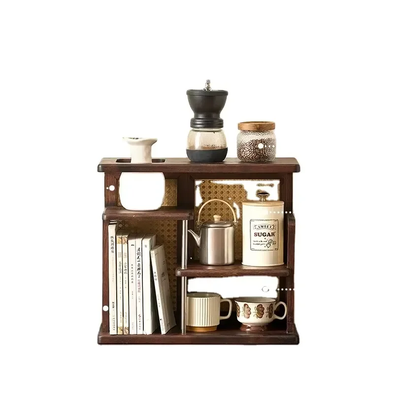 Retro Solid Wood Desktop Storage Rack Three Layer Vertical Rattan Shelf Organizer for Home Office Desk Space Saving Furniture