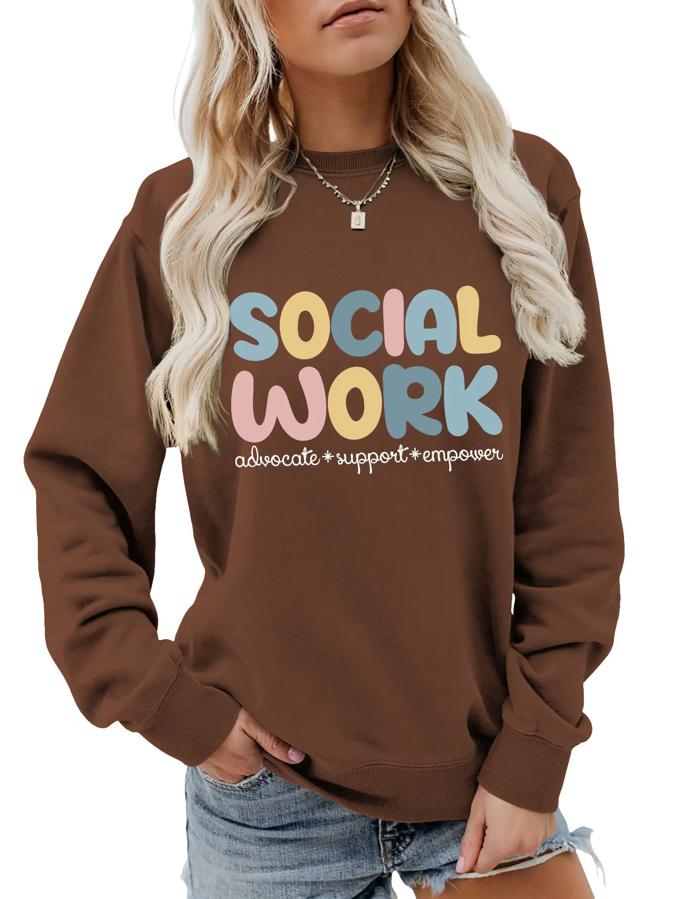 Autumn new casual crewneck hoodie social work advocate support print loose fashion long-sleeved top with ladies pullover