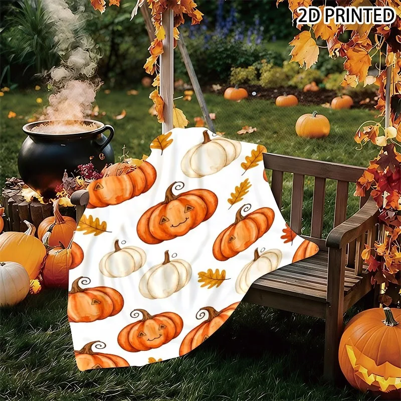 Playful Smiley Face Pumpkin And Autumn Leaf Print Throw Blanket, Festive Whimsical Fall Halloween Themed Small Nap Blanket with