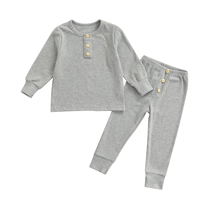 2 Pieces Kids Clothes Unisex Solid Color Round Neck Long Sleeve Tops+ Long Pants Sets Spring Autumn 18 Months-6 Years