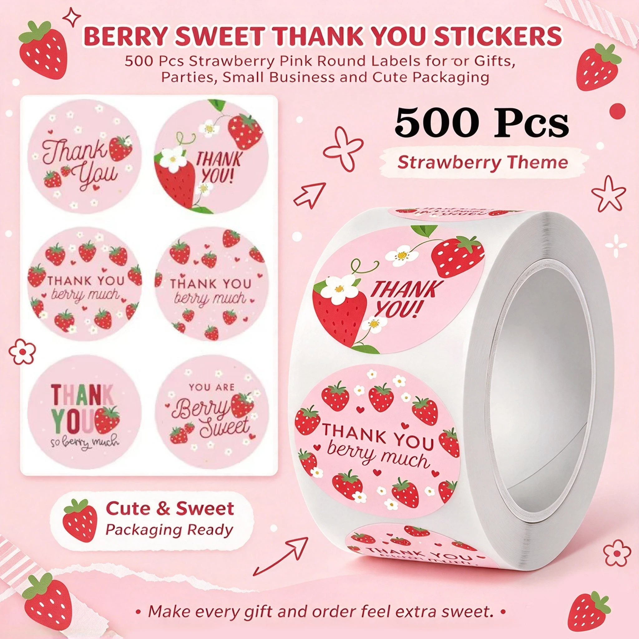 500Pcs Strawberry Thank You Stickers Self Adhesive Labels Envelope Gift Sealing Stickers Birthday Party Cupcake Baking DIY Decor