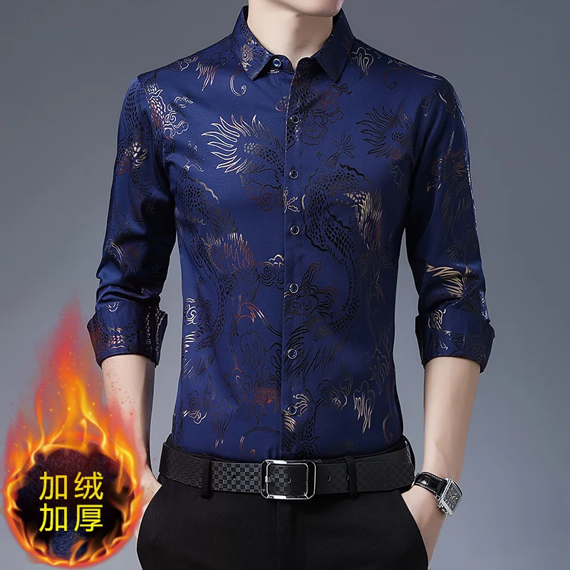 Men's Thick Fleece-Lined Shirt - Stylish Gold Dragon Print, Slim Fit, Warm Casual Long Sleeve Shirt for Winter