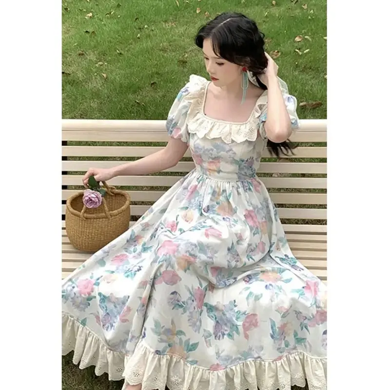 

Summer Vintage Floral Print Dress Women Square Collar Princess Midi Dress Female Puff Sleeve Korea Elegant Fairy Dress Vestido