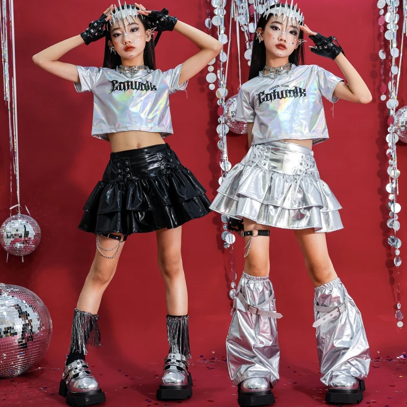 

Jazz Dance Outfit Girls Kpop Silver Dance Suit Crop Top Leather Skirt Kids Runway Show Trendy Suit Jazz Street Dancewear AMY2173