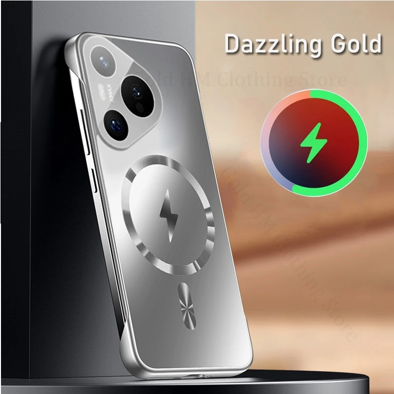 

Dazzling Gold Frameless Phone Case For Huawei Pura 70 Ultra P70 Pro Wireless Charging Magnetic Tough Cover Mate 70 60 Pro Plus