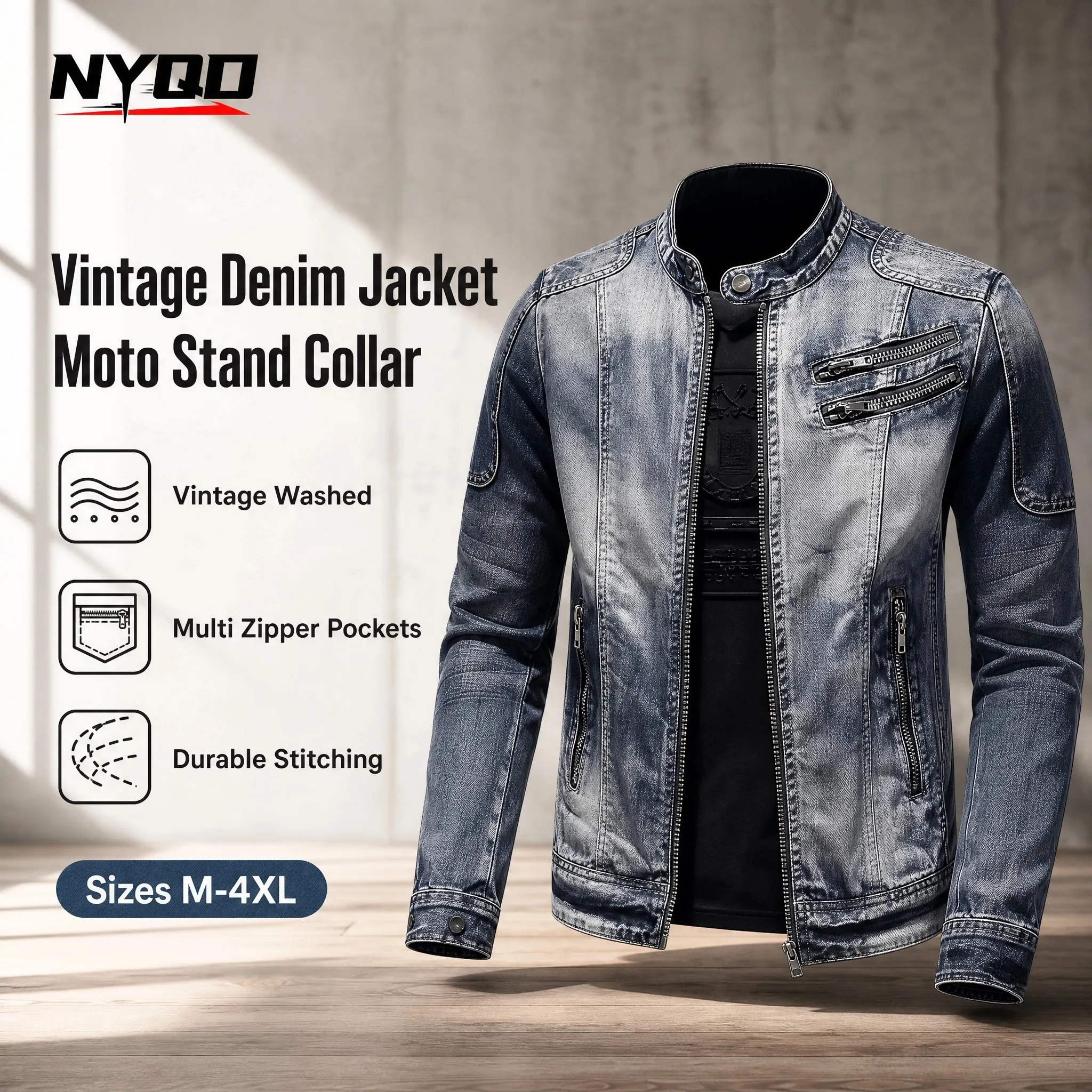 Chaqueta de Motociclista de Mezclilla Lavada Estilo Vintage para Hombre, Chaqueta de Motociclista con Cuello Alto y Múltiples Cremalleras, Chaqueta Casual Cortavientos para Moto