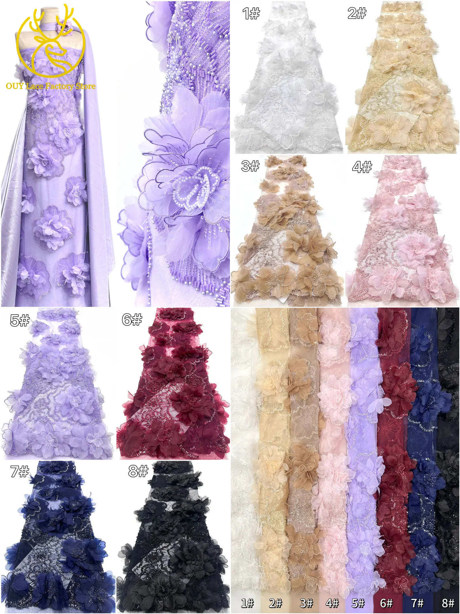 Hochwertige Exquisite 3D-Stickerei Blumen-Tüllspitze Hochwertige Afrikanische Perlen-Pailletten-Spitze Französischer Tüll Hochzeitskleid-Stoff – Detail 3