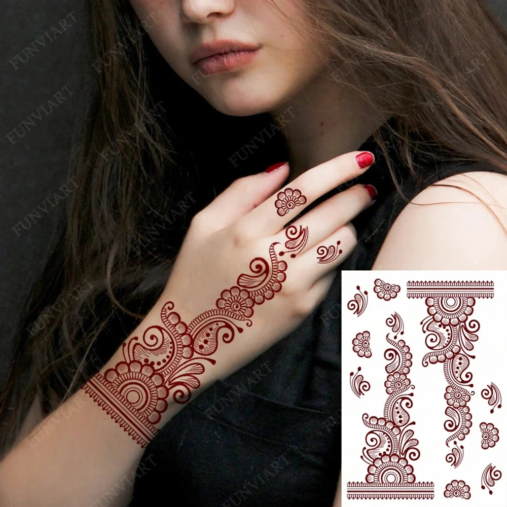 Maroon Henna Tattoo Stickers for Hand Foot Flower Temporary Tattoos for Wedding Party Brown Fake Tattoo for Women Body Art