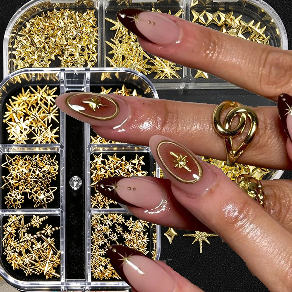 6grid/Box Halloween&Christmas Metallic Golden Star/Cross Nail Art Rivet Mixed 3D Golden Alloy Star Flat-Back Manicure Stud Charm