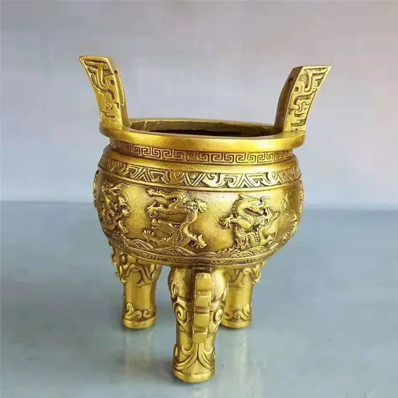 Brass Jiulong tripod ornaments Qinglong tripod incense burner home office handicraft ornaments