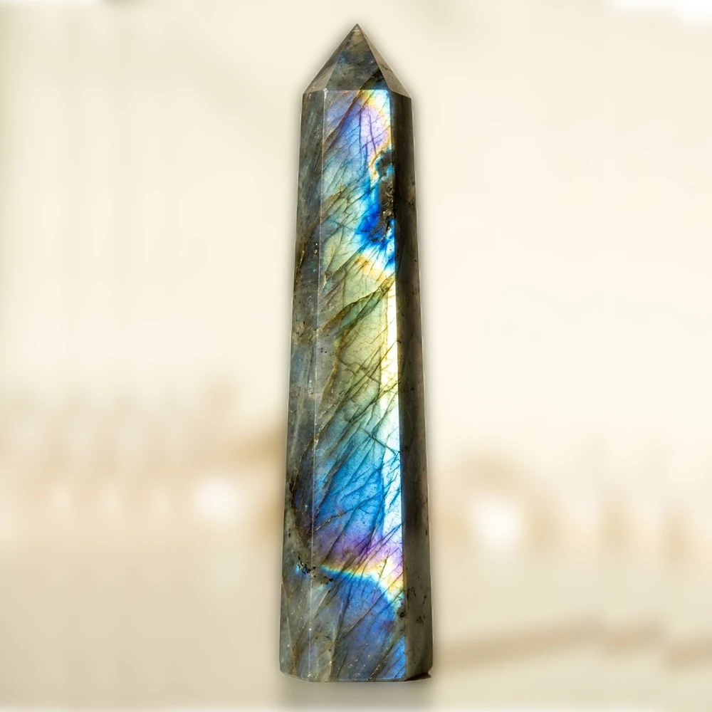 Natural Labradorite Crystal Tower Obelisk 5.9-7.9in 15-20cm Aurora Flash Iridescent Chatoyant Pillar Wand Point Home Decor Desk Ornament Office Display Figurine Sculpture Shelf Room Decoration Birthday Christmas Housewarming Anniversary Holiday Gift Cryst