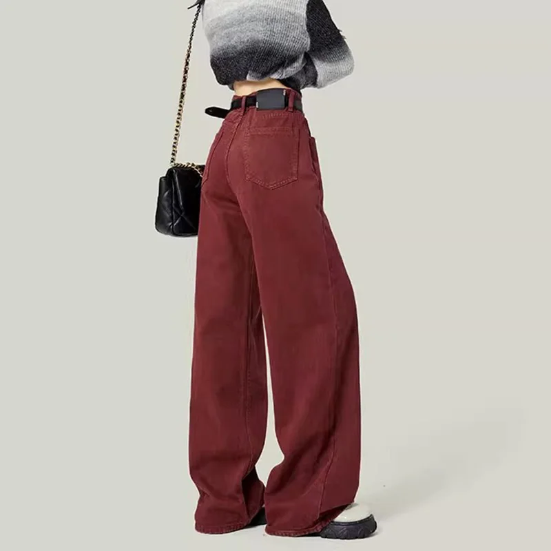 WCFCX STUDIO Y2k Streetwear Casual Fashion Loose Red Jeans for Women High Waist Wide Leg Trousers Comfort Denim Pants Autumn