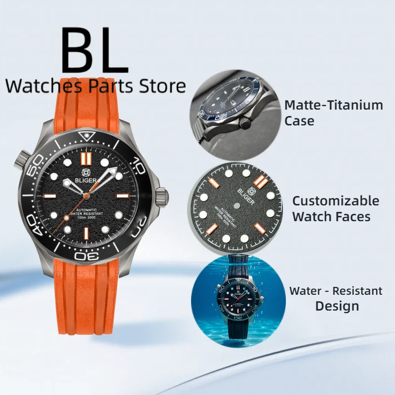 BLIGER Vintage Titanium BL007 Wristwatch 41mm Men'S Watch Orange Rubber Strap Mesh Band Domed Sapphire Glass Rotated Bezel Reloj