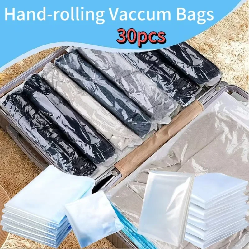 1–30 Stück handgerollte, wiederverwendbare Vakuum-Aufbewahrungsbeutel, transparent, faltbar, komprimiert, platzsparend, Vakuumbeutel für Kleidung, Reisen