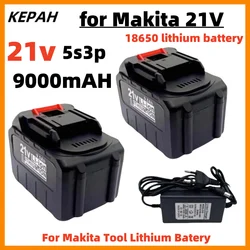 For Makita 21V Rechargeable battery, 5s3p  9Ah 18650 high-power lithium battery, electric screwdriver, drill battery and charger