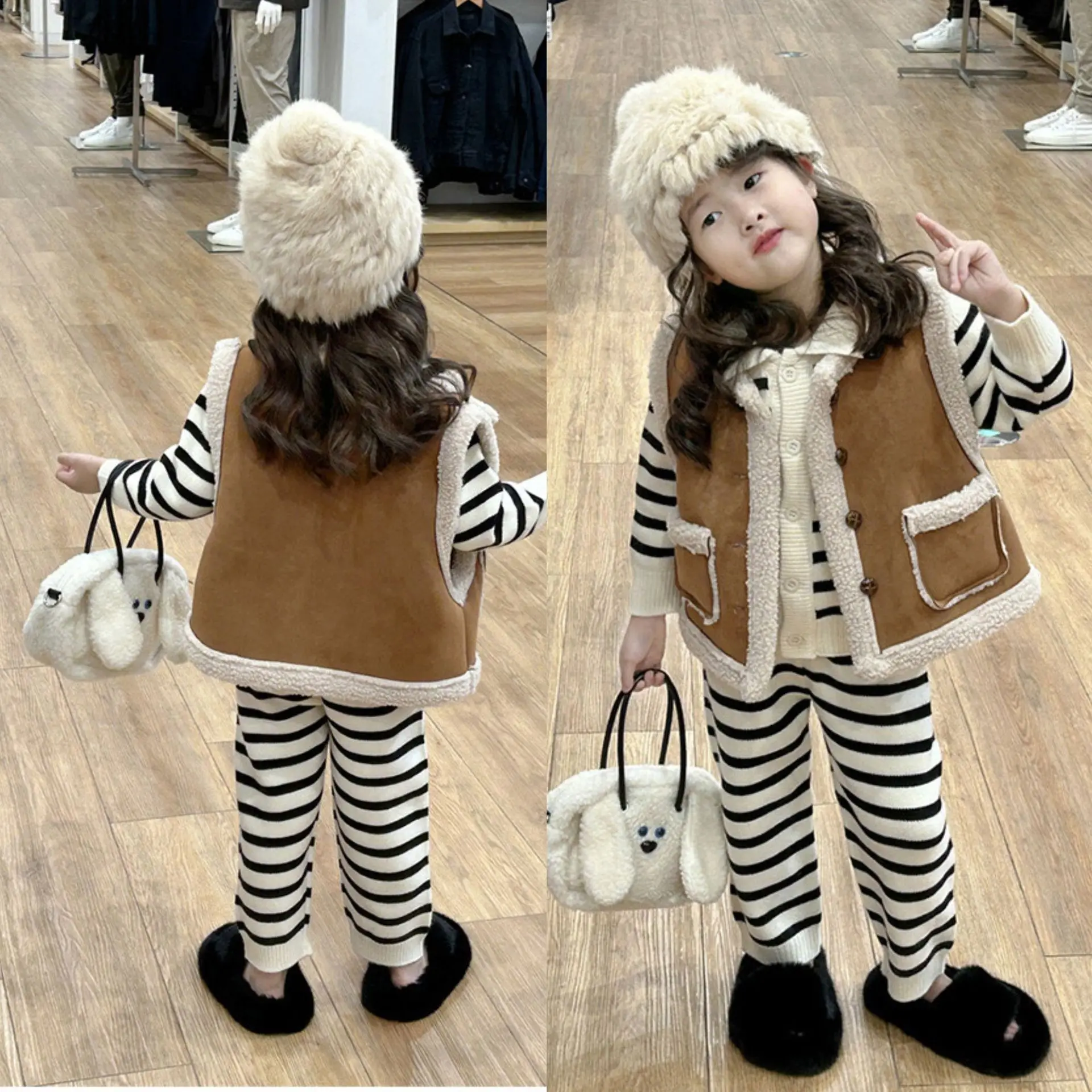 Girls' Korean Version Vest Autumn and Winter New Fur Integrated Velvet Vest Single Breasted Double Pocket Warm Cardigan Jacket