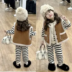 Girls' Korean Version Vest Autumn and Winter New Fur Integrated Velvet Vest Single Breasted Double Pocket Warm Cardigan Jacket
