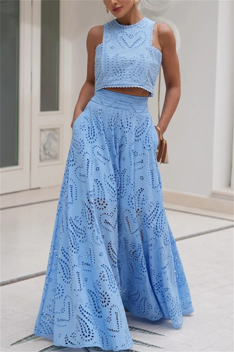 

Fashion Hollow Out 2 Piece Sets Women Outfit Summer Clothing Women 2026 Sleeveless Crop Top Long Skirt Sets Two Piece Dress Sets
