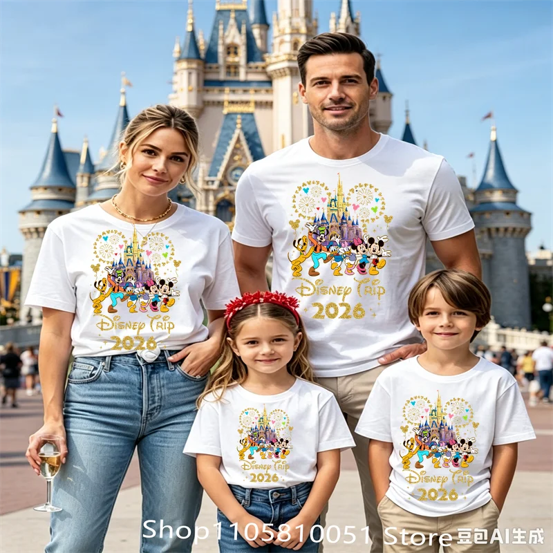 2026 Disney Castle Mickey Ear Print T‑Shirt Family Matching Short Sleeve Tops Casual Holiday Trip Tees Women Men Summer