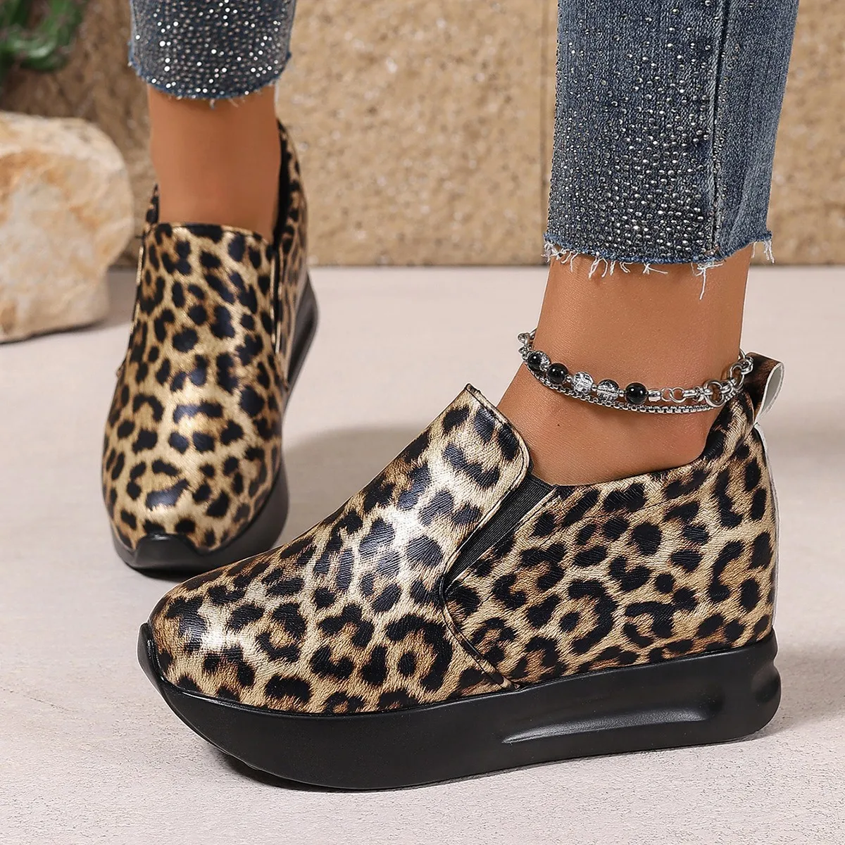 

New fashionable thick-soled casual single shoes 2025 leopard print women's shoes plus-size single shoes lazy shoes