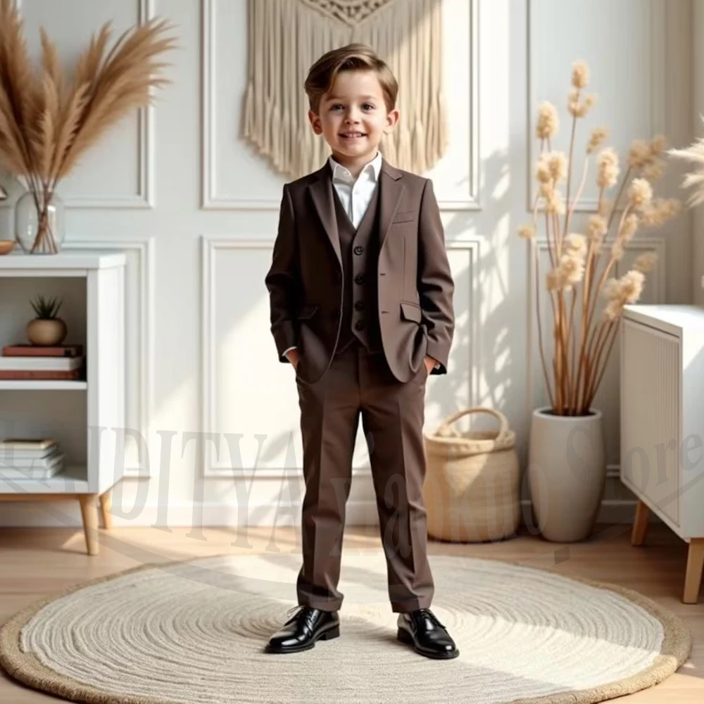 

Коричневый детский костюм для мальчиков: комплект из 3 предметов с отложным воротником, однобортный, для свадьбы, выпускного, вечеринки, торжественных мероприятий, детский смокинг