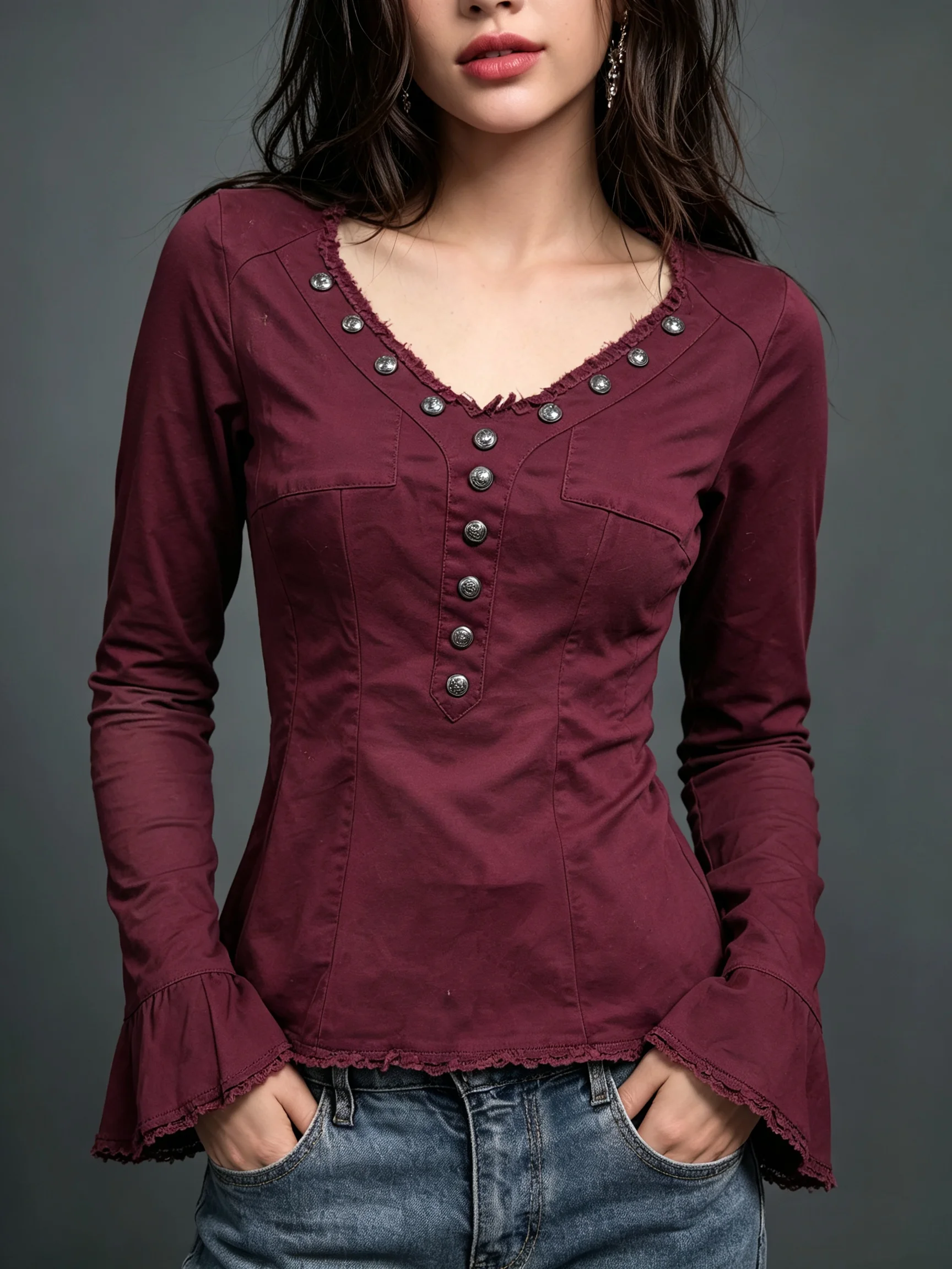 Y2K Y2K Retro Western-Style Spicy Girl Style Top with Frayed Edges and Ruffles, Slim Fit, V-Neck with Metal Buttons + Frayed Bell Sleeves Design, Suitable for Everyday Wear, Going Out, Dating, and Music Festivals - Aliexpress Deal