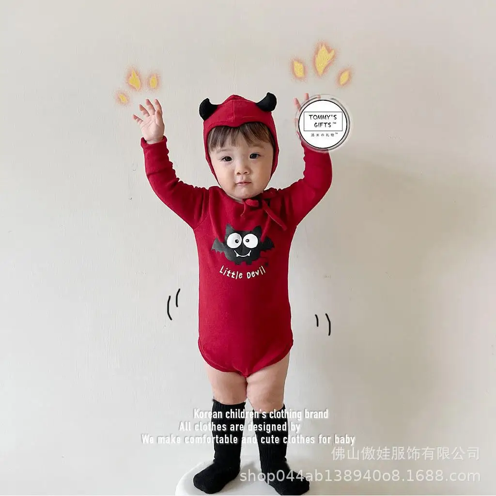 2023 Autumn Korean Ins Baby Boy Rompers Cotton Long Sleeve Little Devil Print Halloween Newborn Boys Bodysuit Infant Boy Outfits