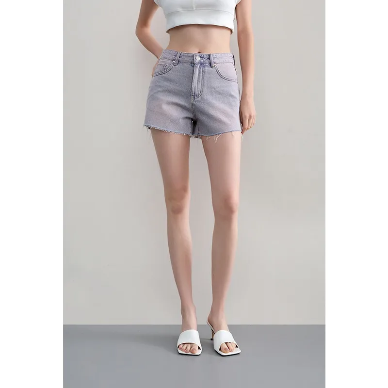 2024 Summer Women Cotton Soft High Waist Raw Edge Denim Shorts Solid Casual Pockets Ladies Shorts