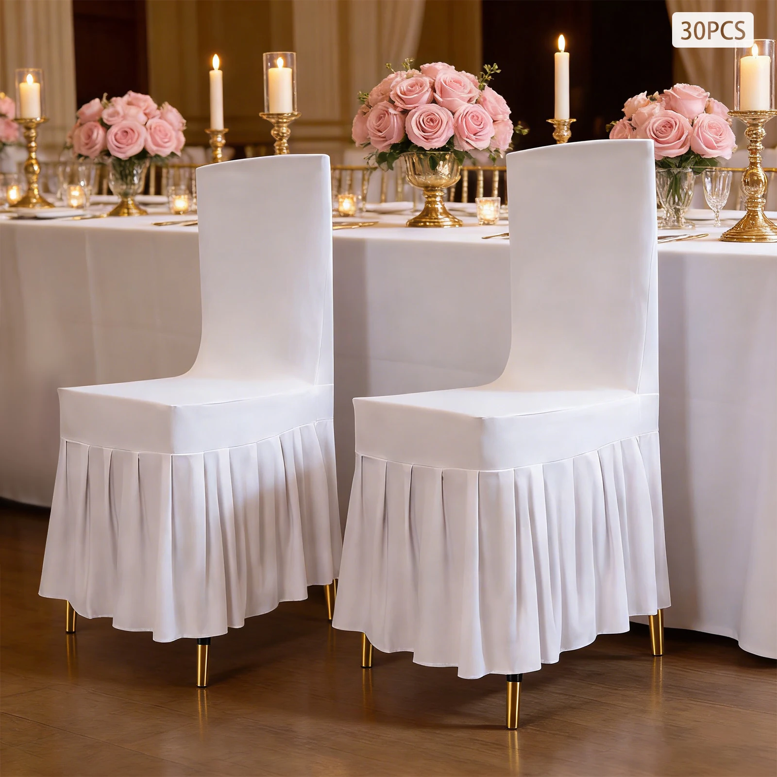 30-Pack White Chair Covers – 95% Polyester 5% Spandex – Stretch Fit Ruffled Skirt – for Wedding Banquet Party – Machine Washable
