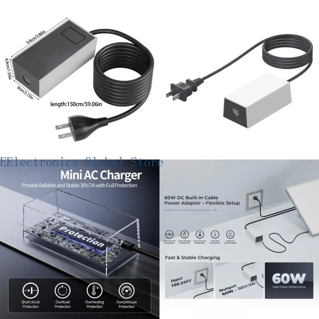 462B Attached Cable 100-240V Power Supply Adapter 30V 2A Outputfor Outlet Reach Setups