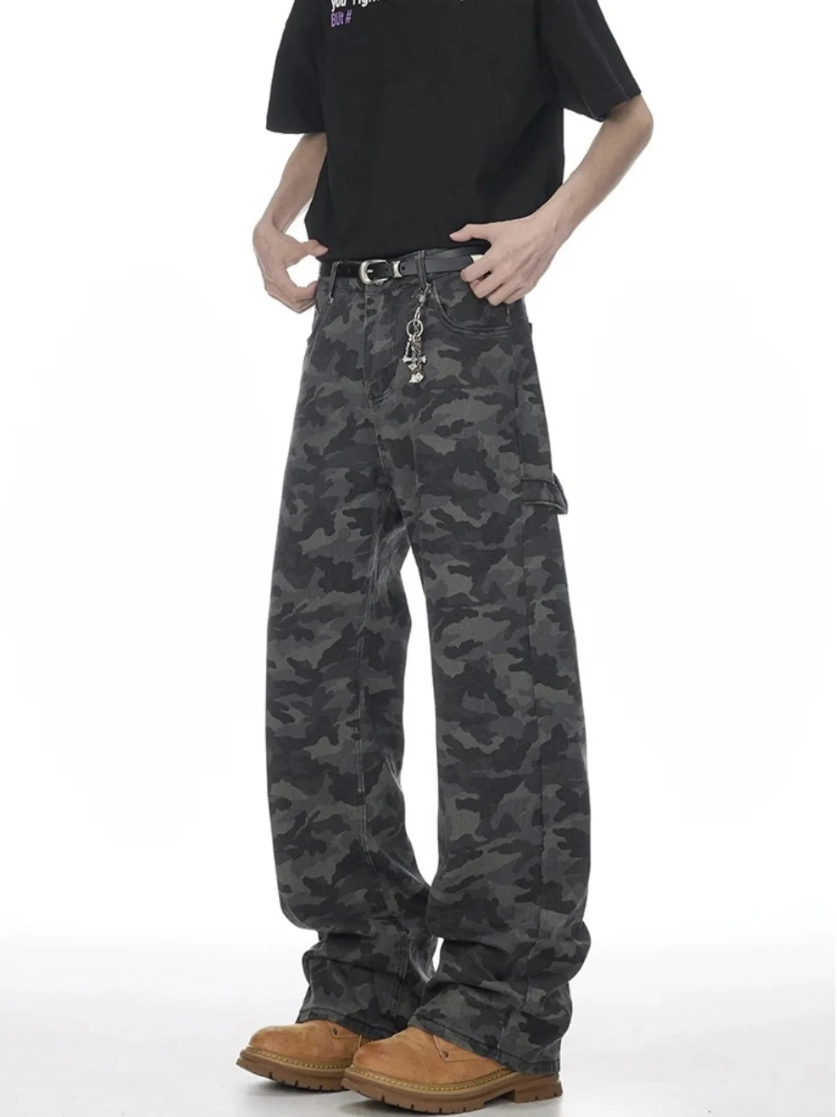 

American Retro Camouflage Men's Jeans CleanFit High Street Workwear Straight Leg Micro Flare Trendy Brand Jeans for Teens