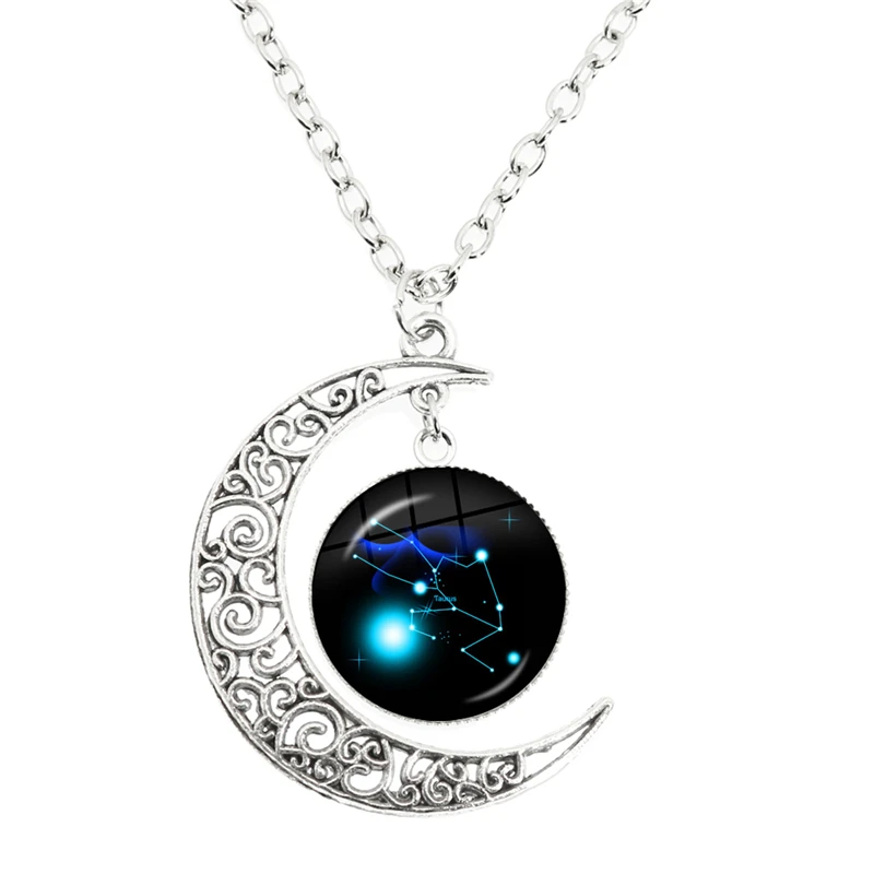 12 Constellation Scorpio Sagittarius Capricorn Aquarius Pendant Silver Color Crescent Moon Necklace Jewelry Birthday Gift