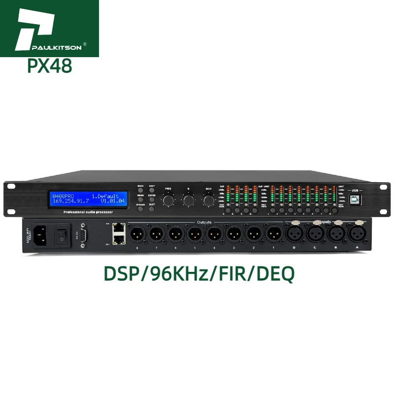 PX48 Digital DSP Audio Processor 4 in 8 Out FIR 96KHZ Sampling Rate USB XLR Professional Speaker Audio Equipment