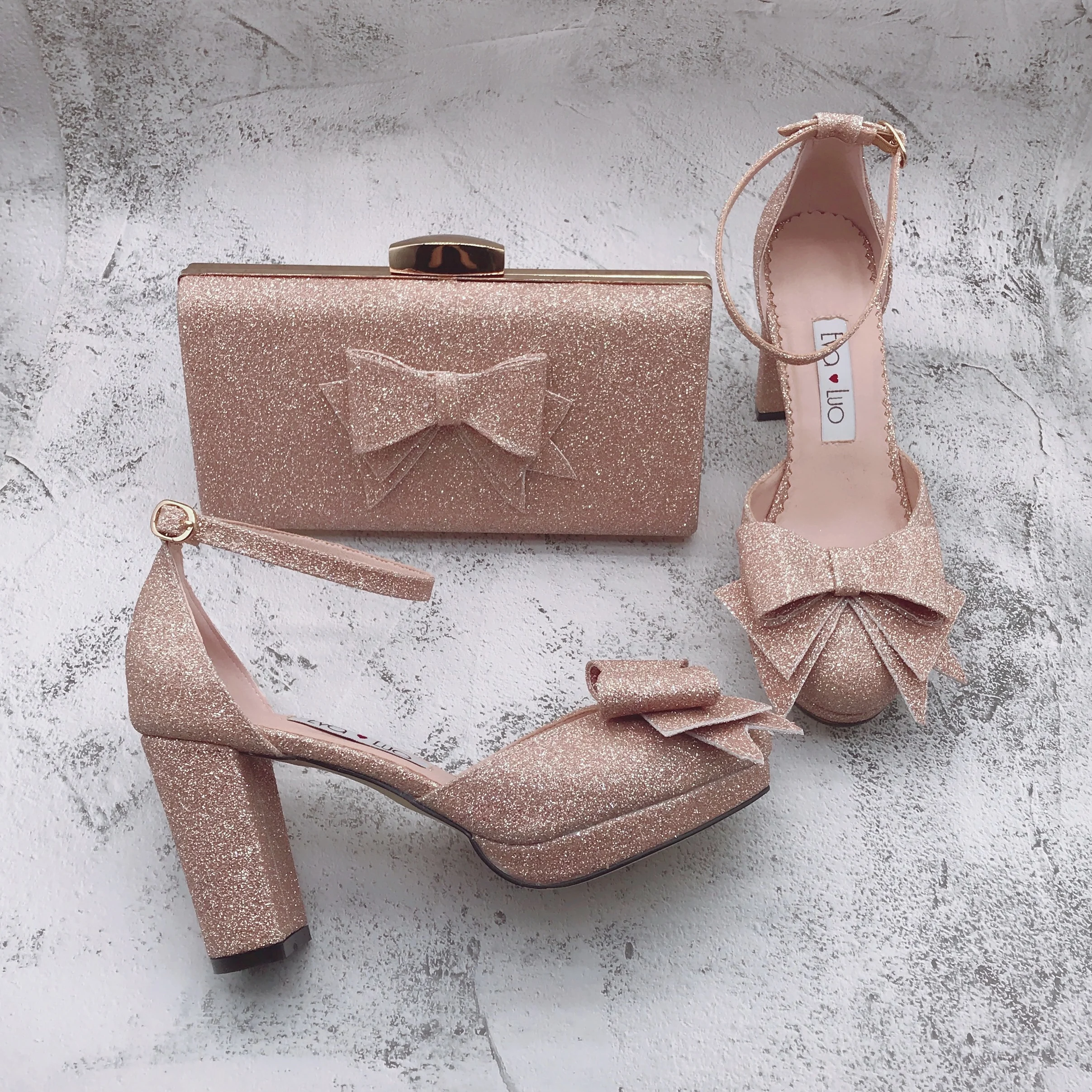 BS1682  Custom Made Block Heel  Women Shoes Bridal Wedding Shoes  Rose Gold Glitter Shoes With Matching Bag Set