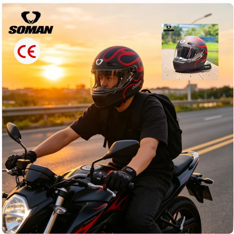 SOMAN Retro Full Face Motorcycle Helmet DOT Approved Men Women Moto Helmet with Removable Visor Vintage Motorbike Safety Helmet