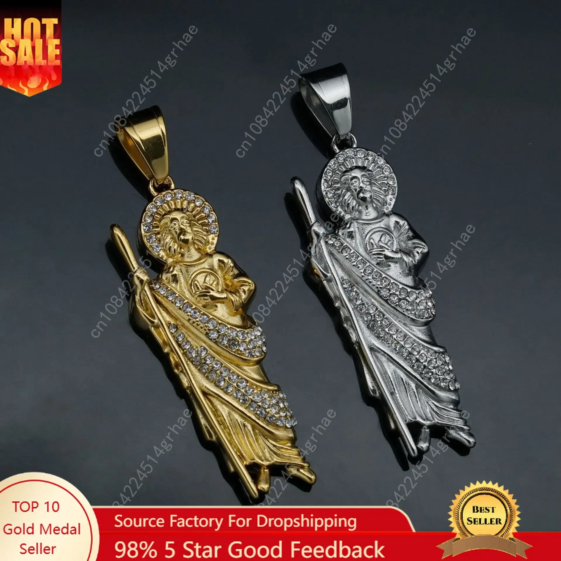 

San Judas Tadeo Pendant Necklace Women with rhinestone Men Saint Jude Thaddeus Stainless Steel Gold color Religious Jewelry
