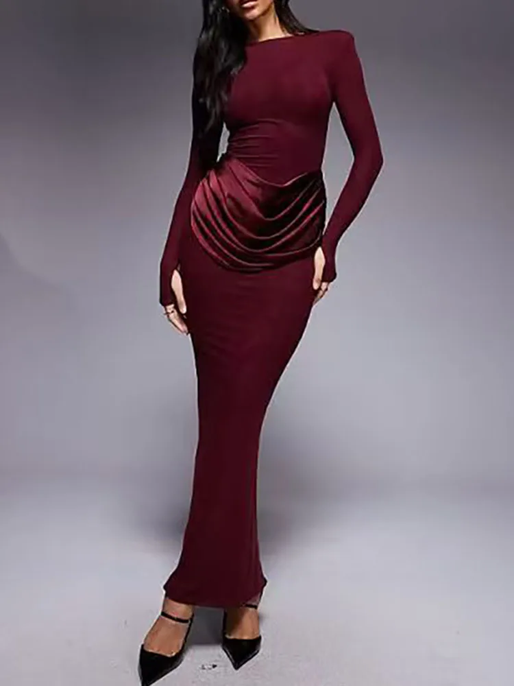 Sexy O-Ausschnitt Einfarbiges Figurbetontes Kleid Elegantes Langarm-Rüschenkleid für Partys Stilvolles Hochgeschnittenes Damen-Maxikleid für den Beruf