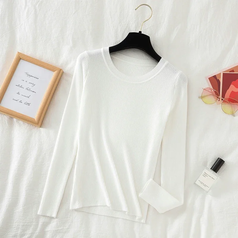 Otoño Invierno jerseys con cuello redondo partes superiores nuevas suéteres camisa de manga larga ajustadas coreanas suéter ajustado rosa caqui azul 2025