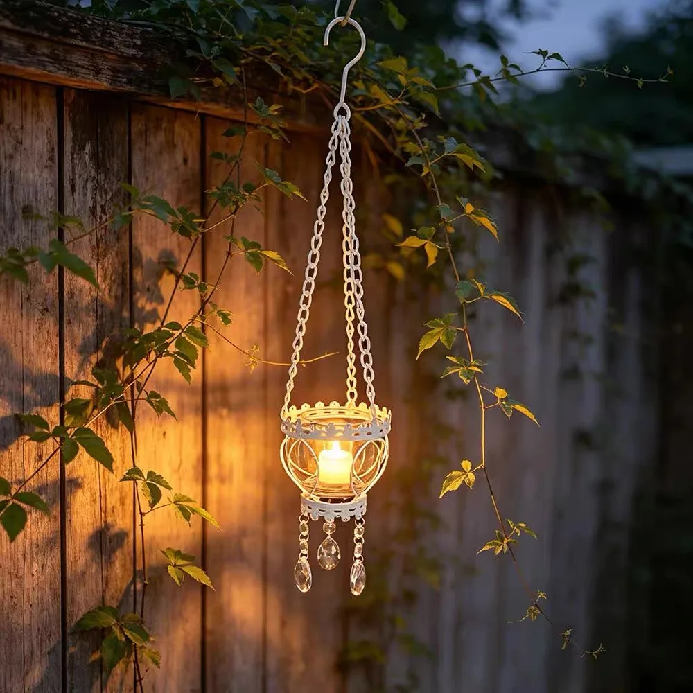Vintage Hanging Candle Lantern with Crystal Pendants, Distressed Iron Lace Tealight Holder for Garden Patio Wedding Decor