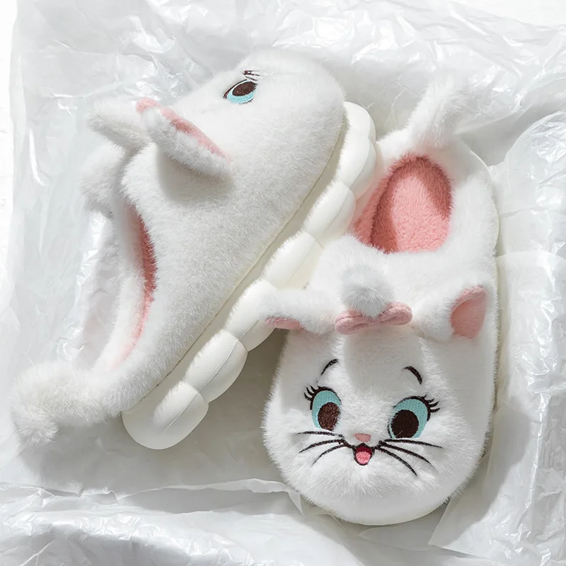 Princess Cute Mary Cat Cotton Slippers Fluffy Furry Women Home Slippers Winter Plush Slides Indoor Fuzzy Slippers Lovely Shoes